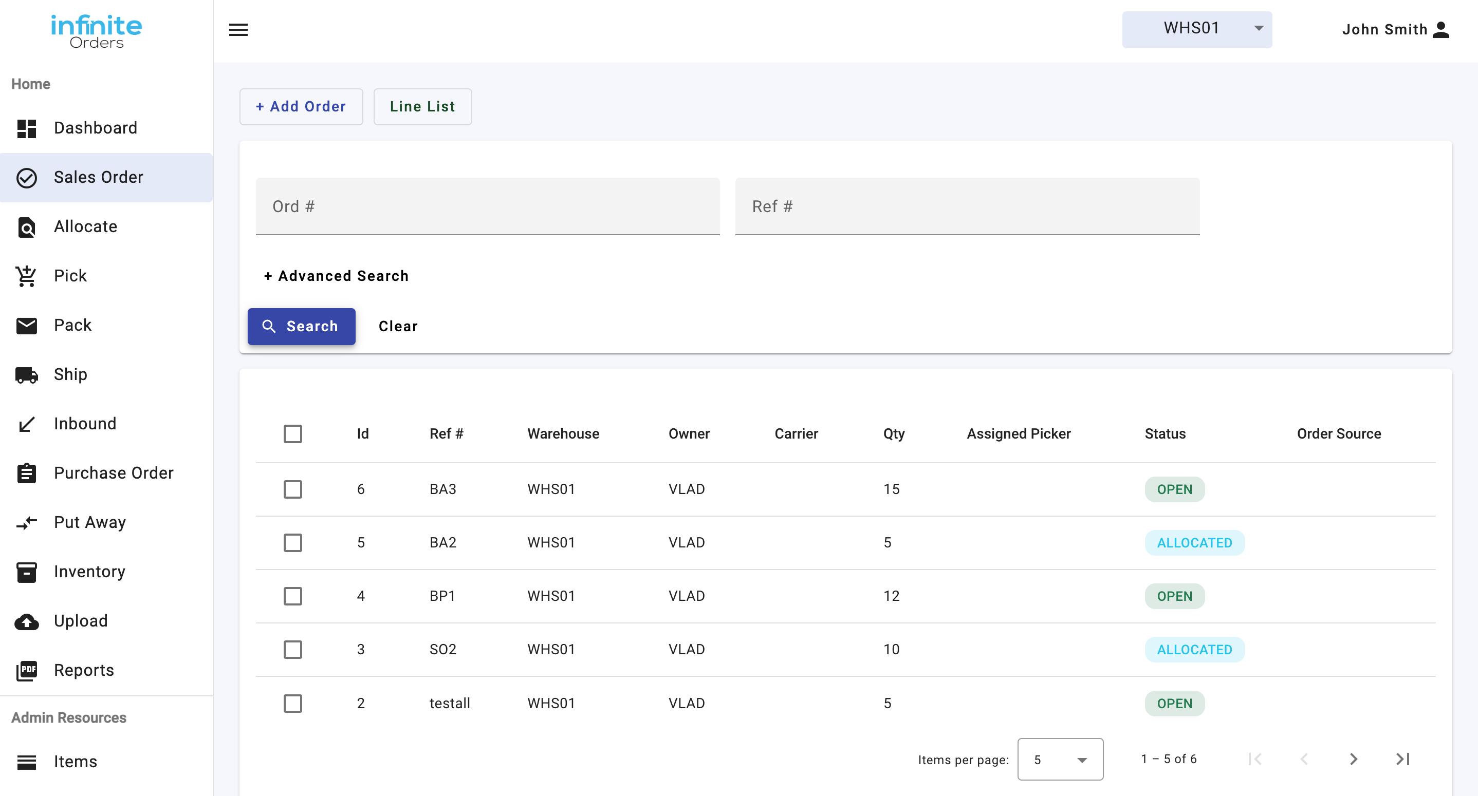 screenshot of InfiniteOrders WMS